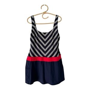 Beach House Navy White Chevron Stripe Coral Scoop Neck One Piece Swim Dress 14